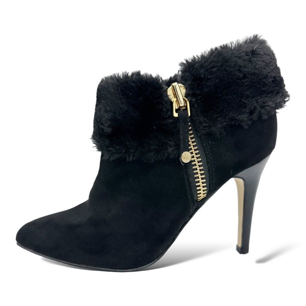 Marc Fisher Black Faux Fur Trimmed Suede Pointed Toe Stiletto Booties Shoeties 7